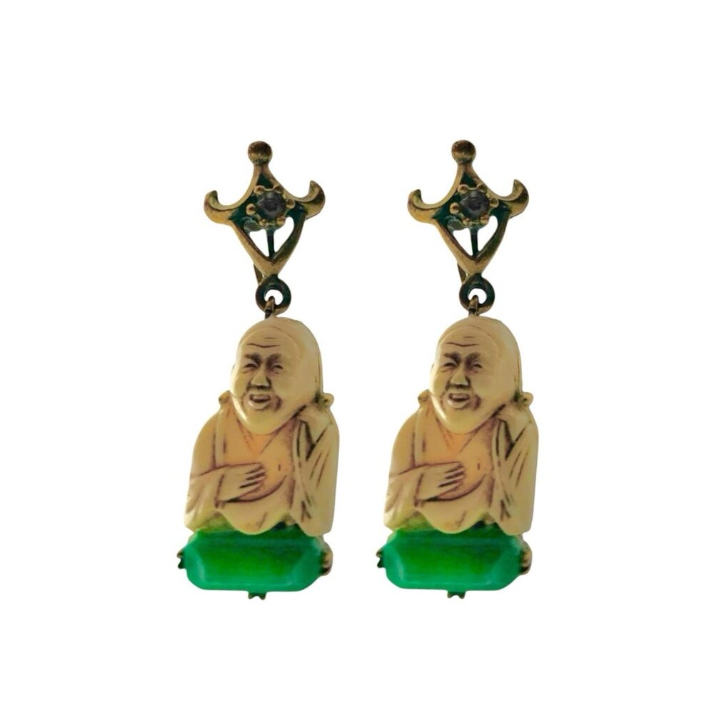 Earring Pair Carved Buddha with Jadeite Stone Oriental Design Jewelry Gift